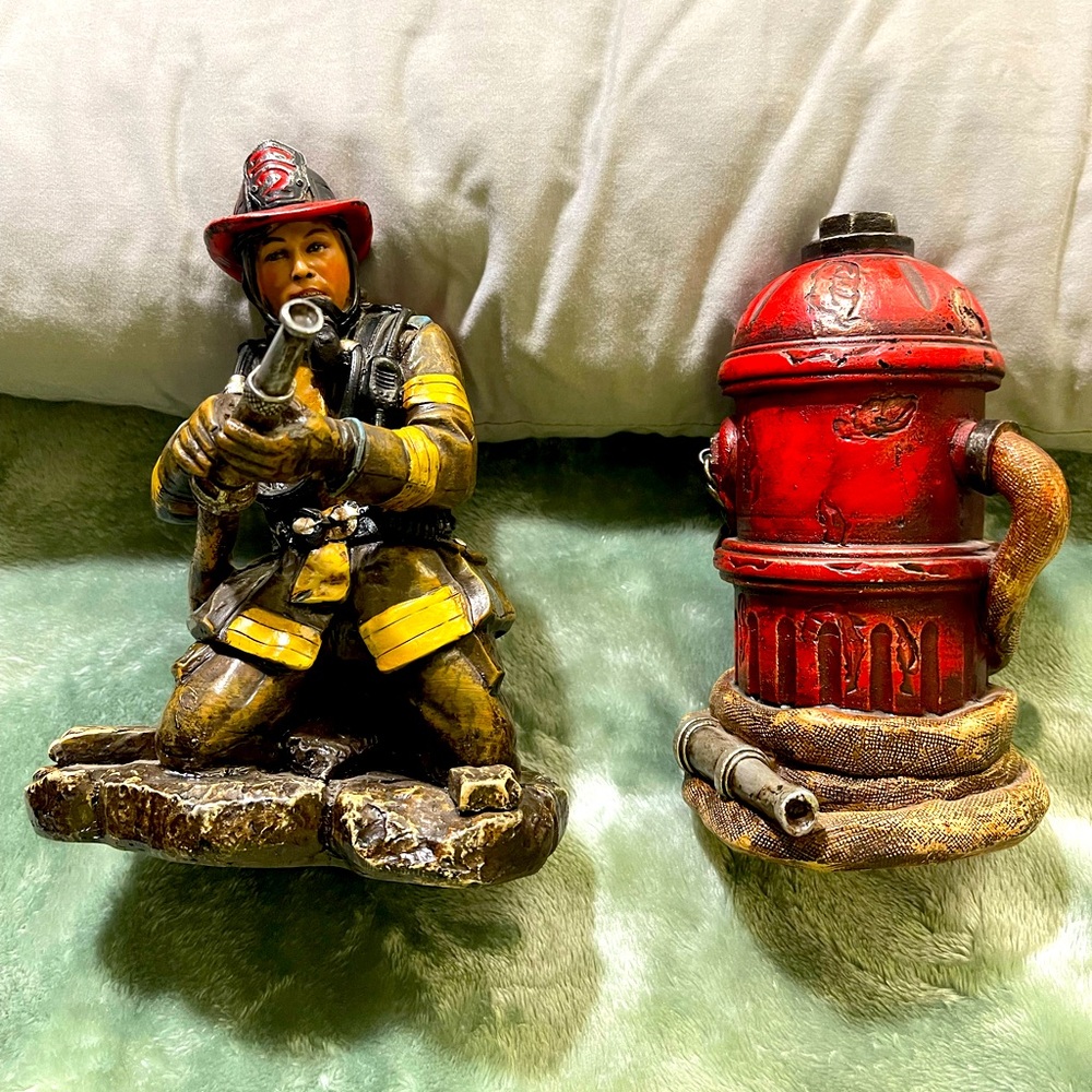 Handpainted Wooden Firefighter Figurine W/ Fire Hydrant ~ 7”